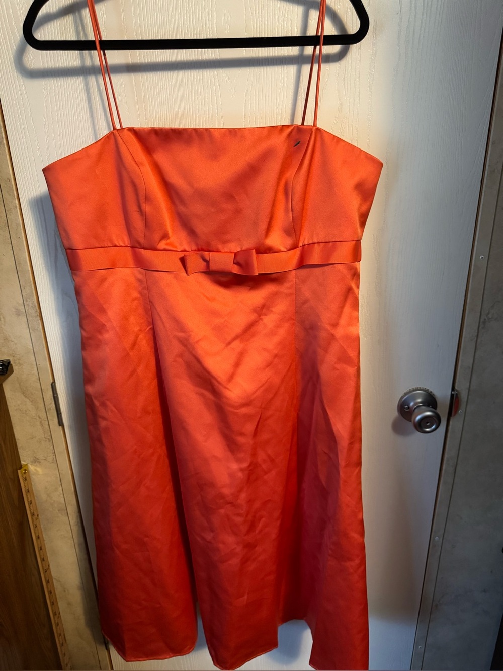 David's Bridal Orange Midi Spaghetti Strap Dress with Waist Bow